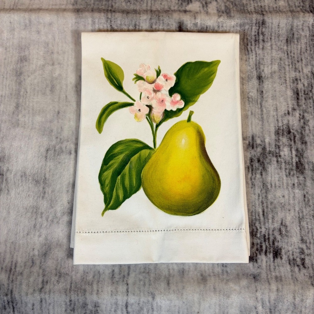 Hand Painted Pear Cotton Tea Towel Hemstitch White Kitchen Linen RN 139717